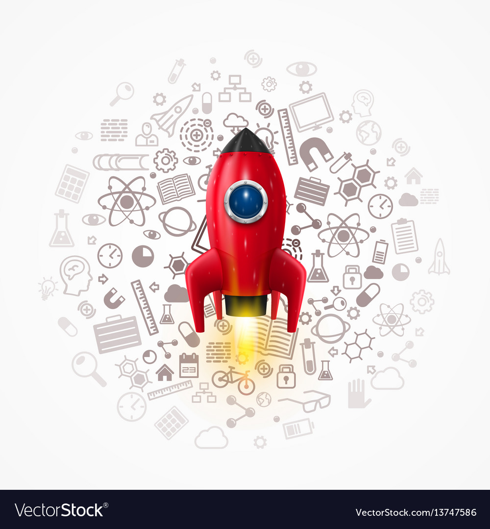 Rocket with icons on the background