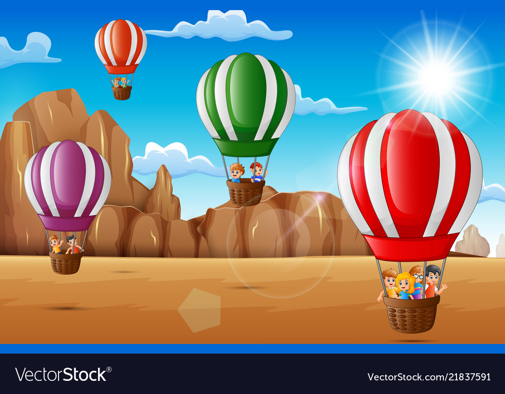 Cartoon happy kids riding hot air balloon in the d