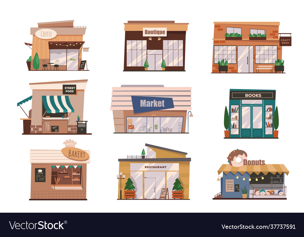 Restaurants and shops facades isolated scenes set