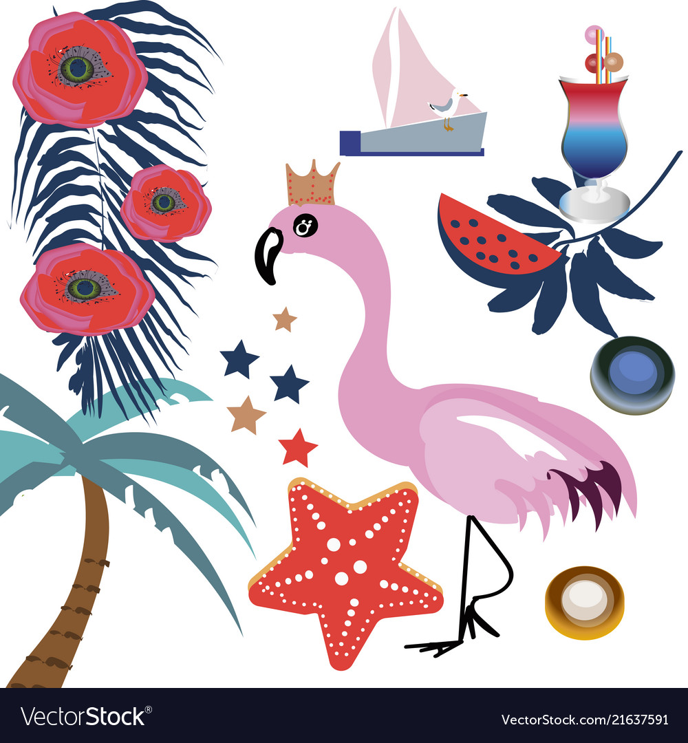 Tropical set with pink flamingos palm
