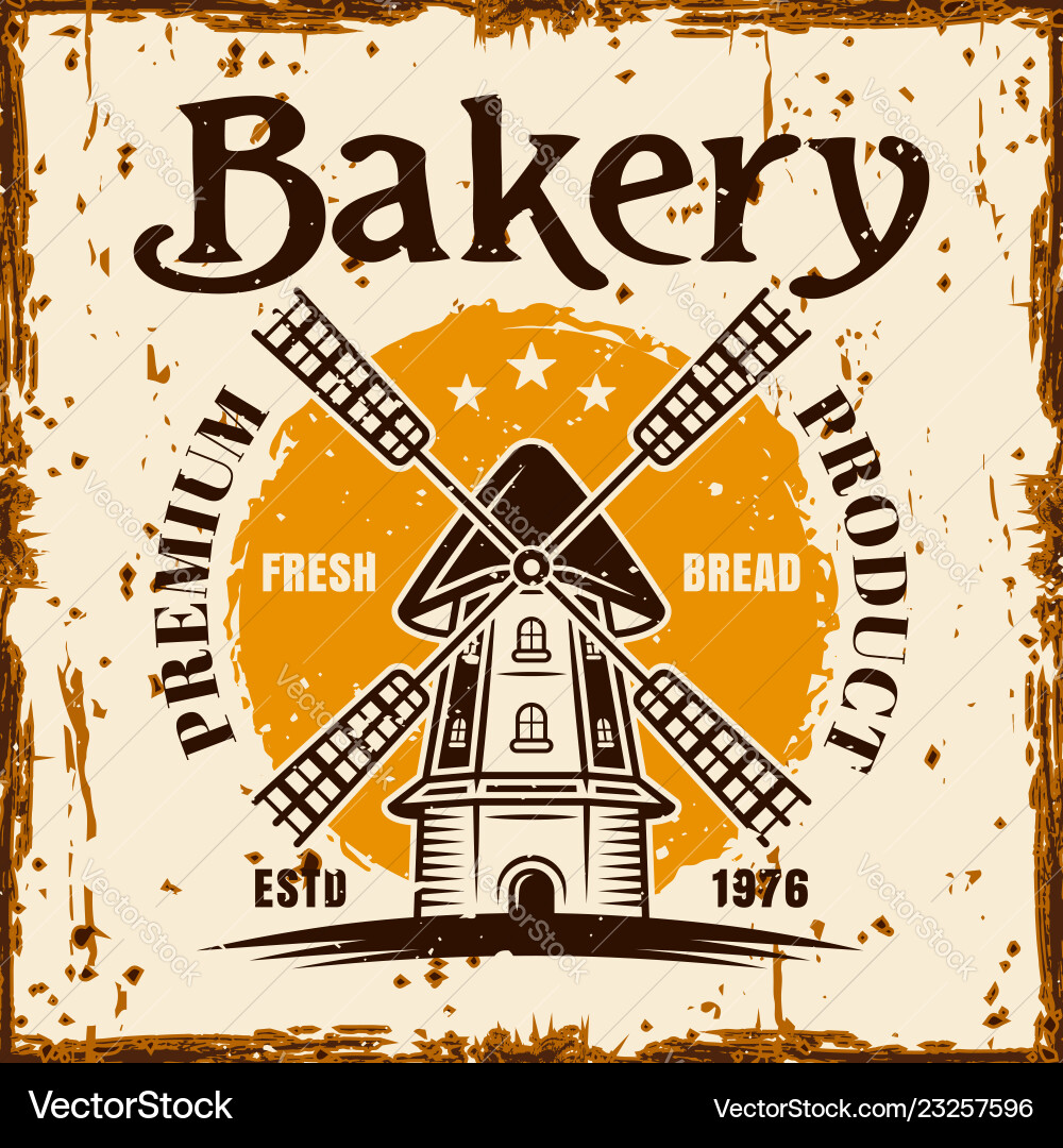 Bakery Banner With Windmill And Rust Effect Vector Image