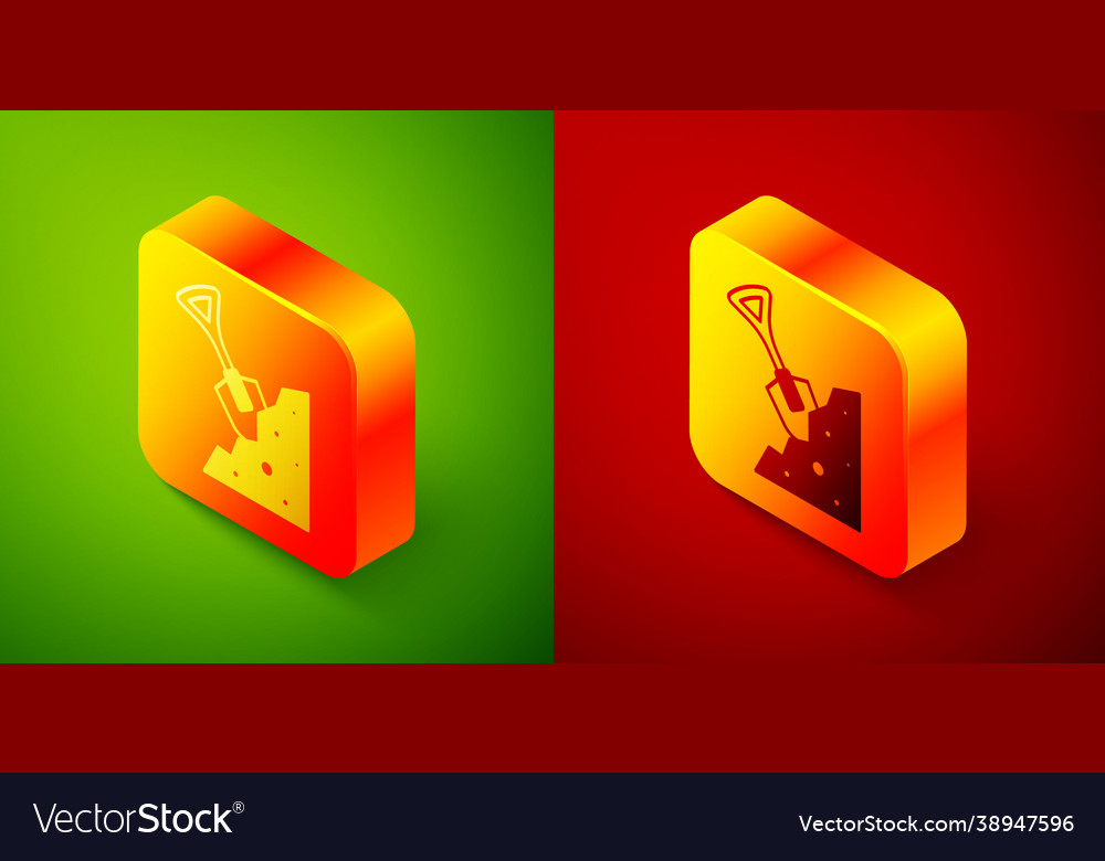 Isometric shovel and stone icon isolated on green