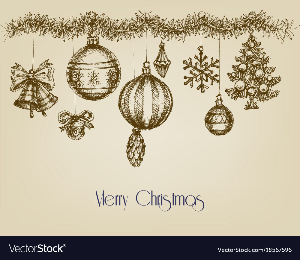 Vintage christmas ornaments hand drawn garland Vector Image