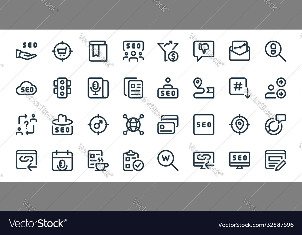 Web apps seo line icons linear set quality vector image Web apps seo line icons linear set quality