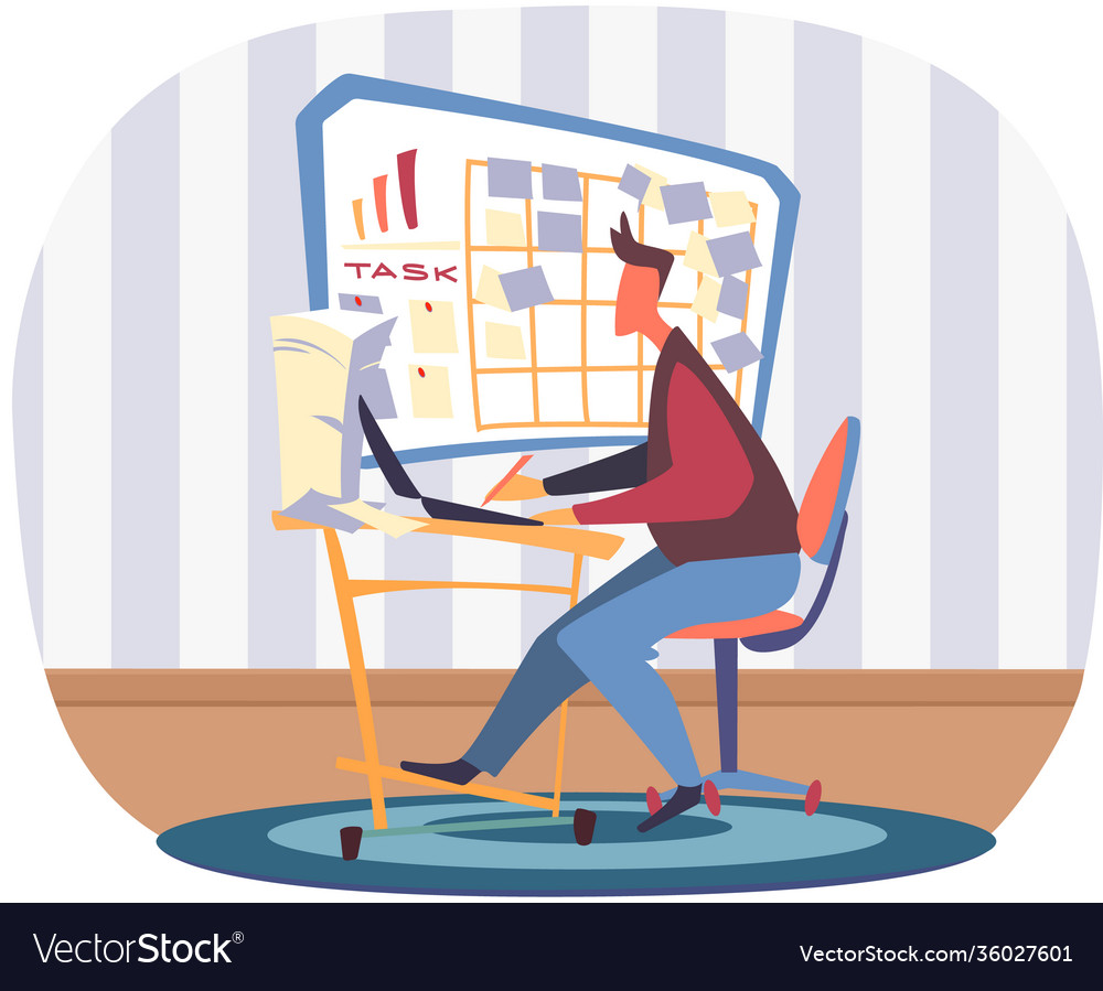 Guy with board tasks man is working vector image Guy with board tasks man is working