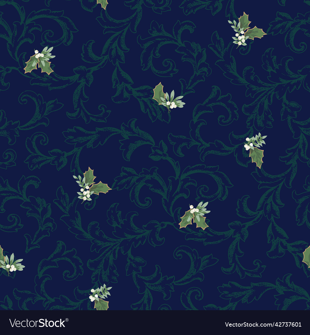 Hollies on a scroll background allover repeat Vector Image Hollies on a scroll background allover repeat