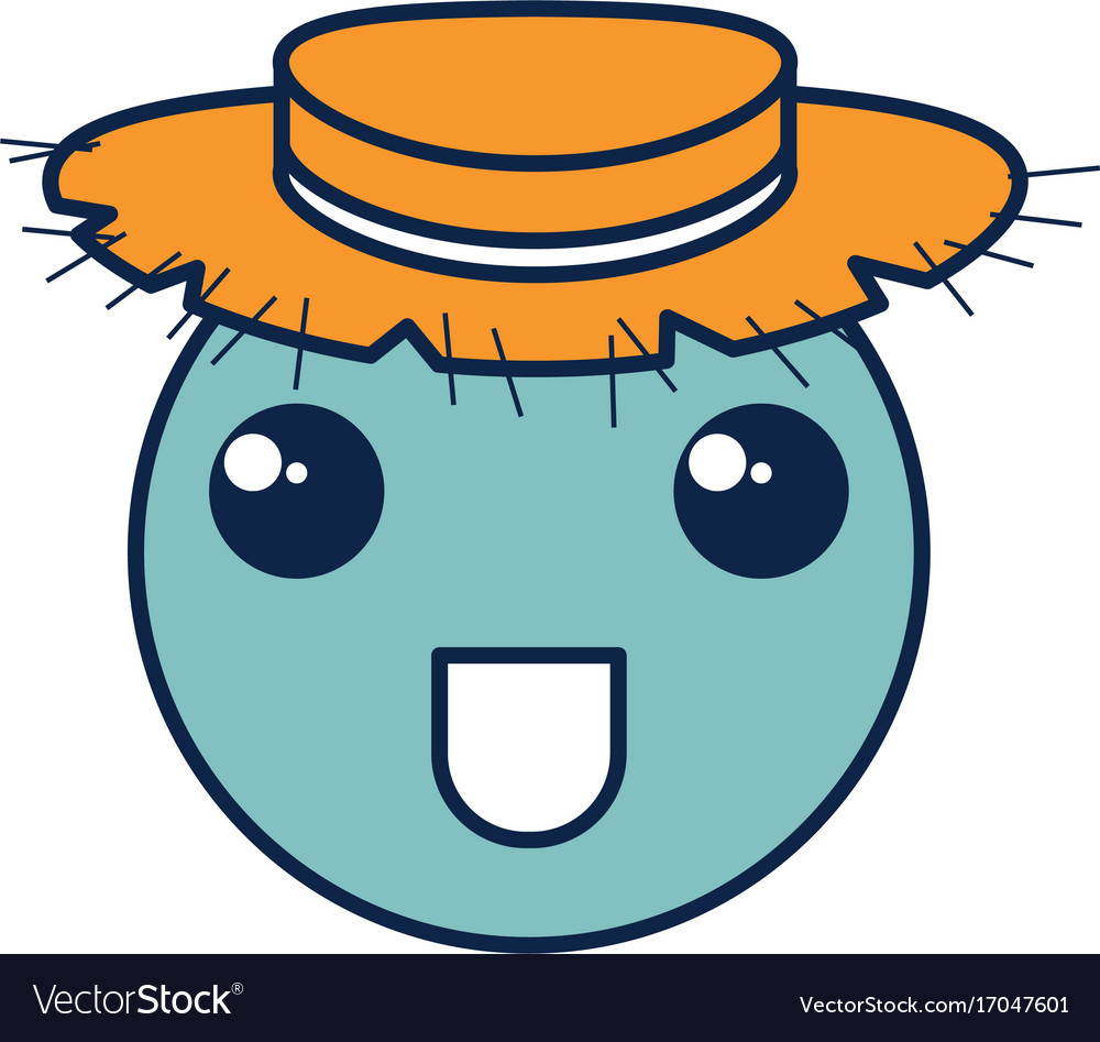 Kawaii circle face emoticon with straw hat