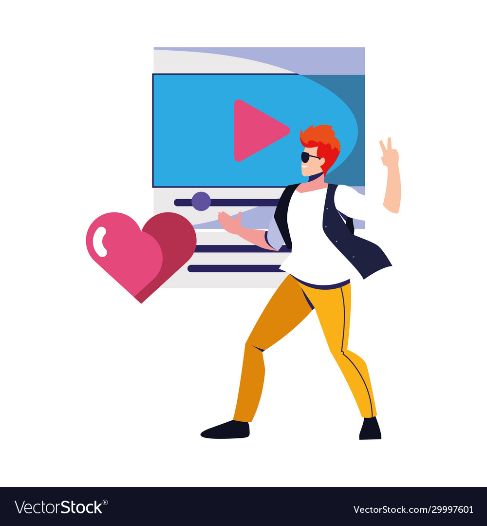 Man with media player on white background