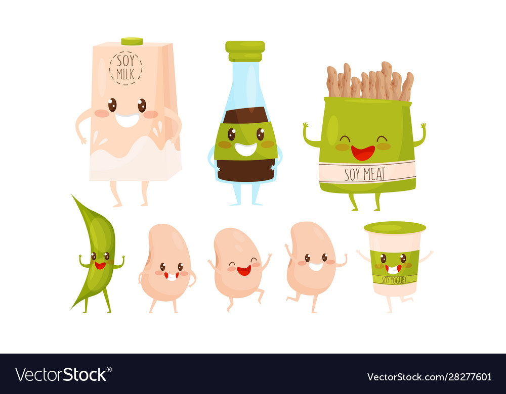 Soy bean products cartoon characters with funny