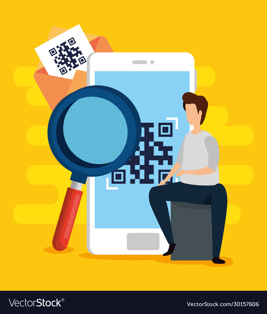 Scannen von Code qr in Smartphone mit Mann und Icons vector image Scannen von Code qr in Smartphone mit Mann und Icons