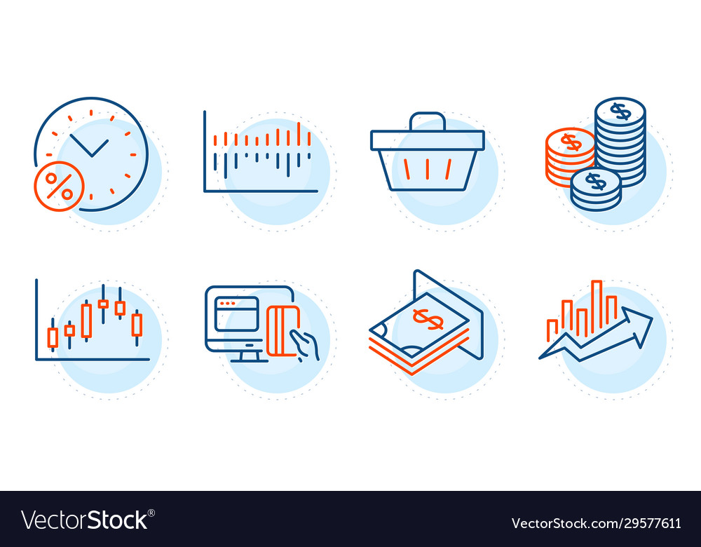 Atm money shopping basket and coins icons set