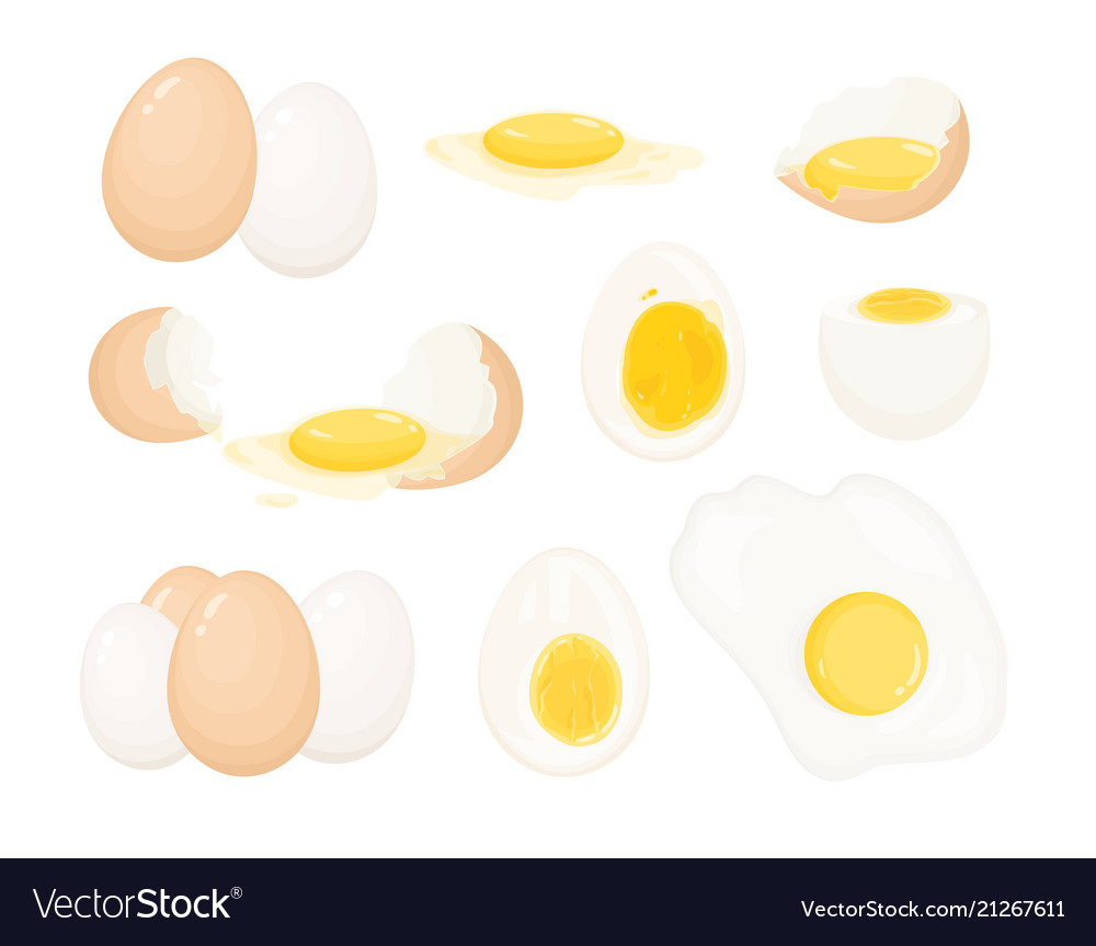 Collection of raw boiled and fried eggs peeled