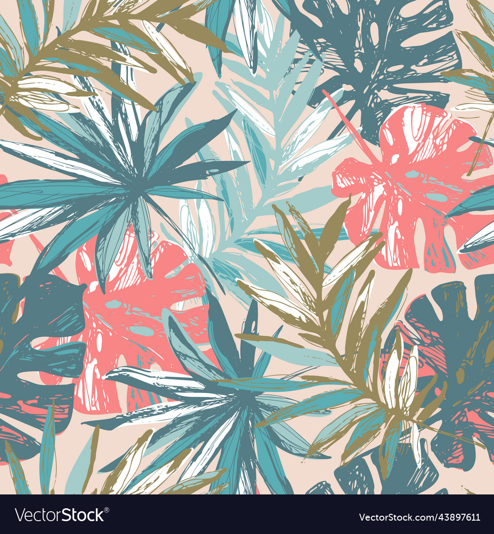 Hand Drawn Tropical Leaves Background Colorful Vector Image