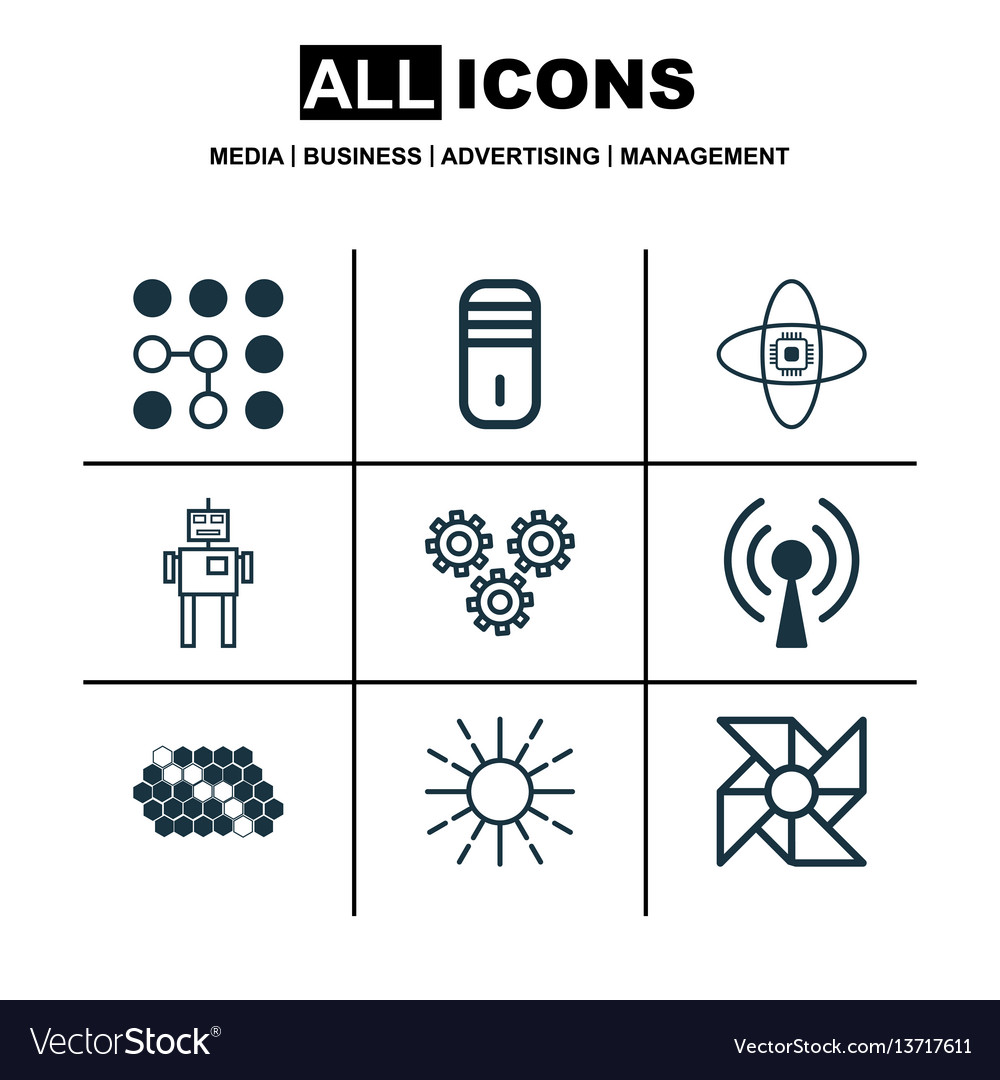 Set of 9 robotics icons includes laptop vector image Set of 9 robotics icons includes laptop