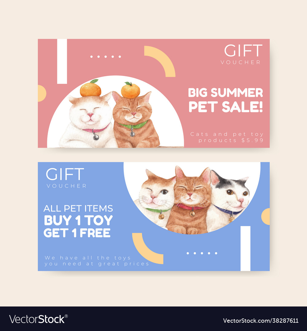 Voucher template with cute cat concept watercolor Vector Image