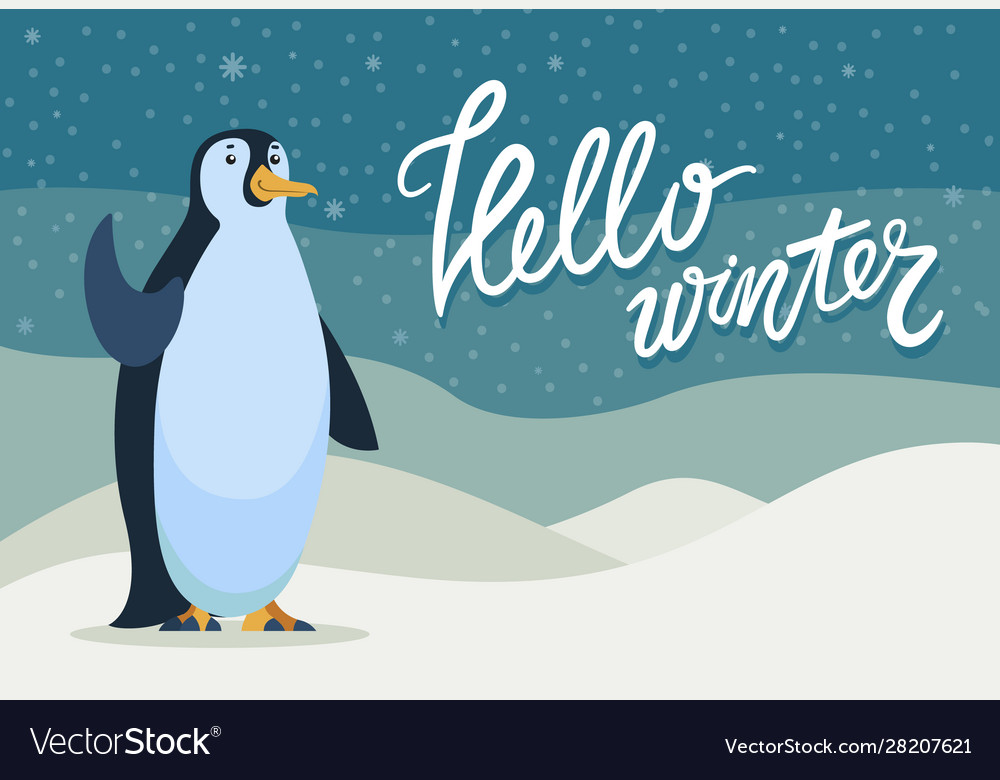 Hello winter penguin character on greeting card