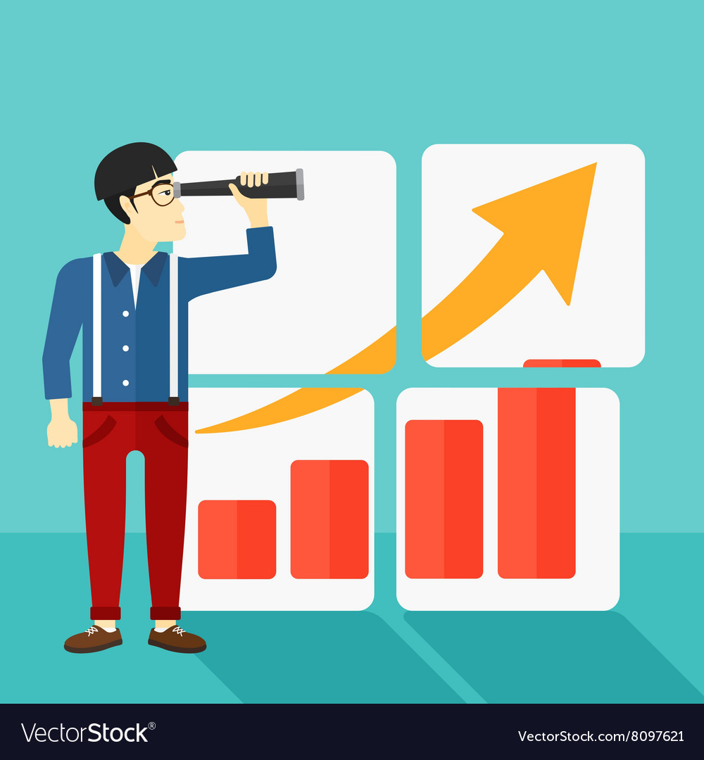 Man looking at positive bar chart