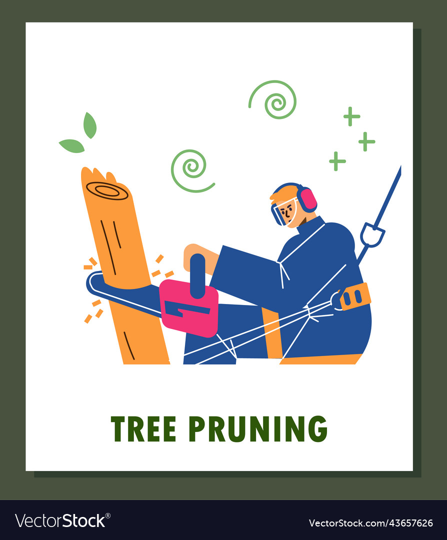 Man pruning or sawing tree trunk with chainsaw