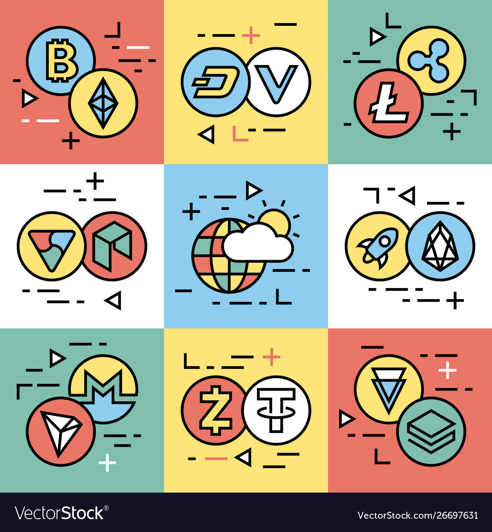 Crypto currency thin line color background icons vector image Crypto currency thin line color background icons