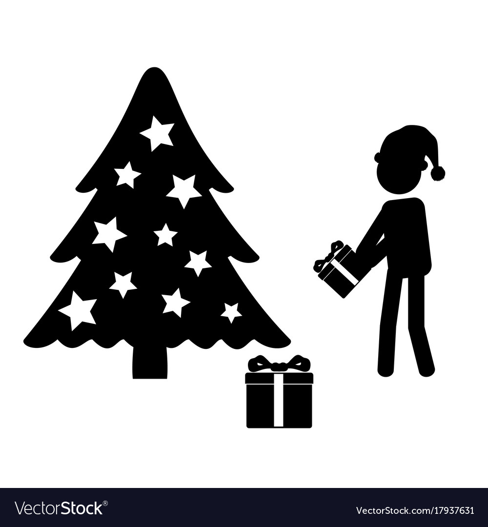 Man In Santa Hat Giving Gift Near Christmas Tree Vector Image