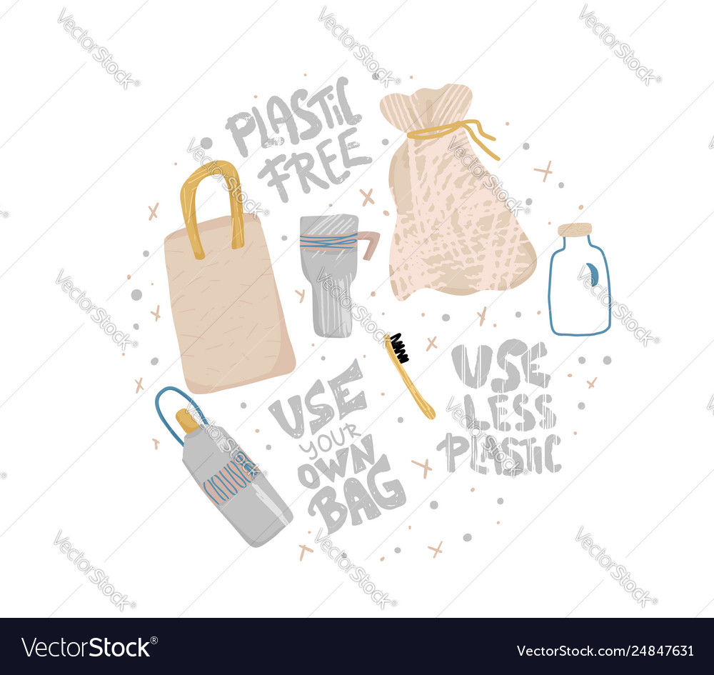 Plastic free concept with text and symbols Vector Image