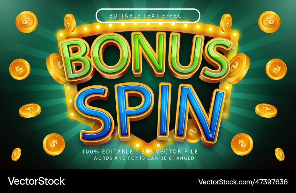 Editable text effect bonus spin casino 3d style Vector Image