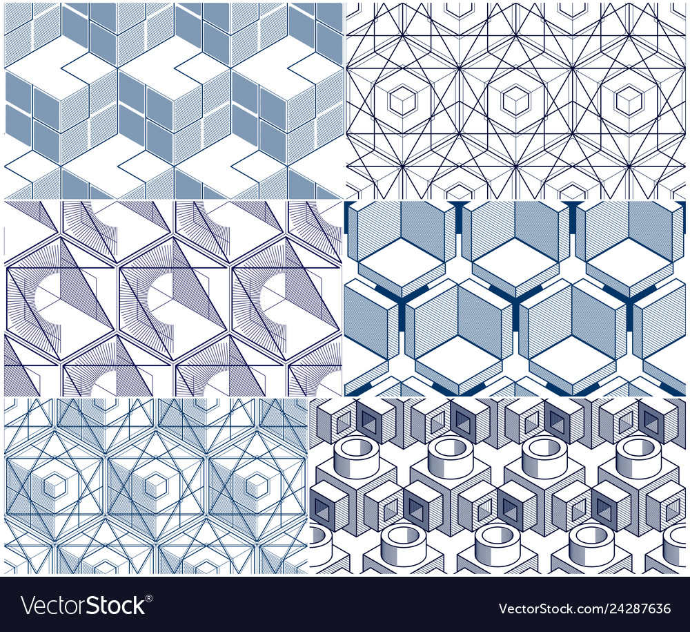 Geometric 3d lines abstract seamless patterns set vector image Geometric 3d lines abstract seamless patterns set