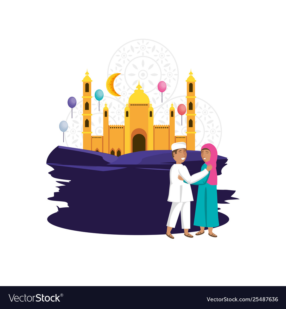 Islamic couple lovers with ramadan kareem building