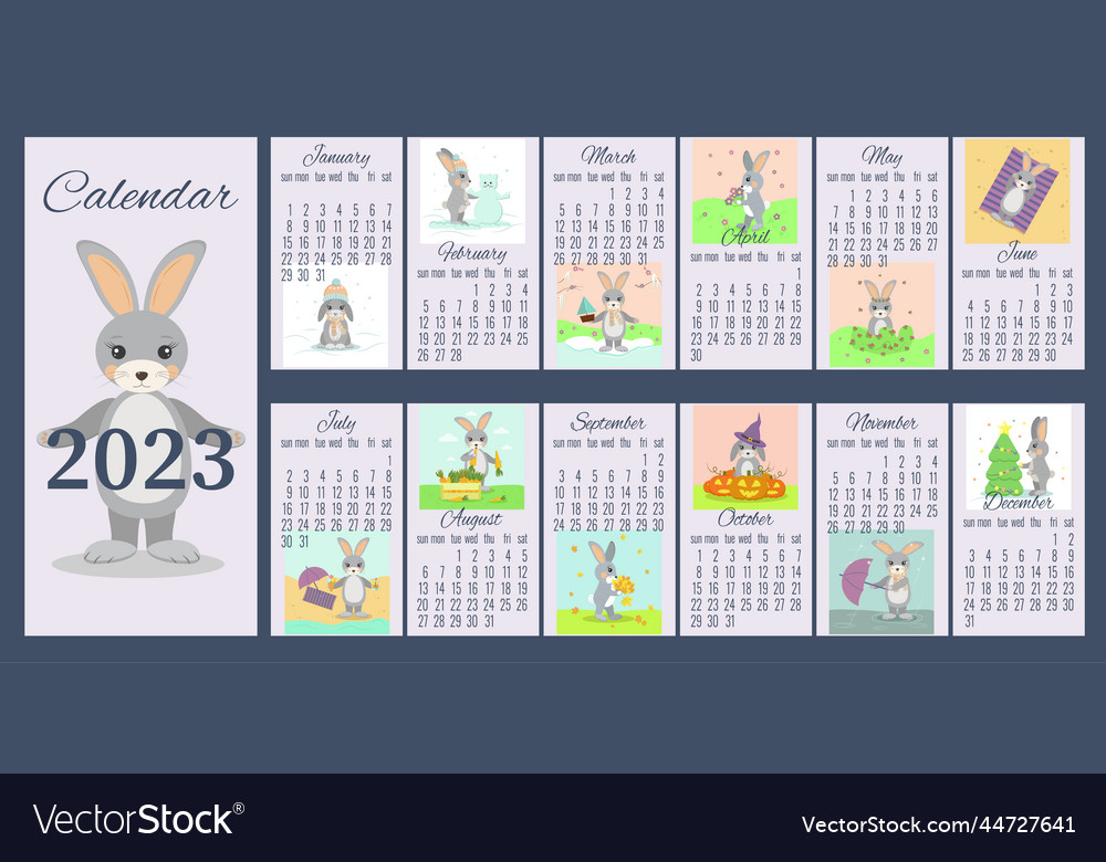 Calendar layout for 2023 with rabbit color Vector Image Calendar layout for 2023 with rabbit color