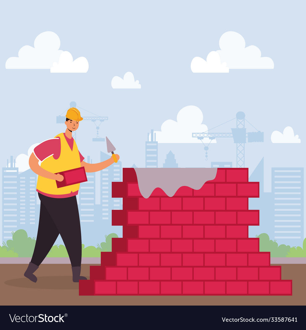 Constructor worker with bricks wall character