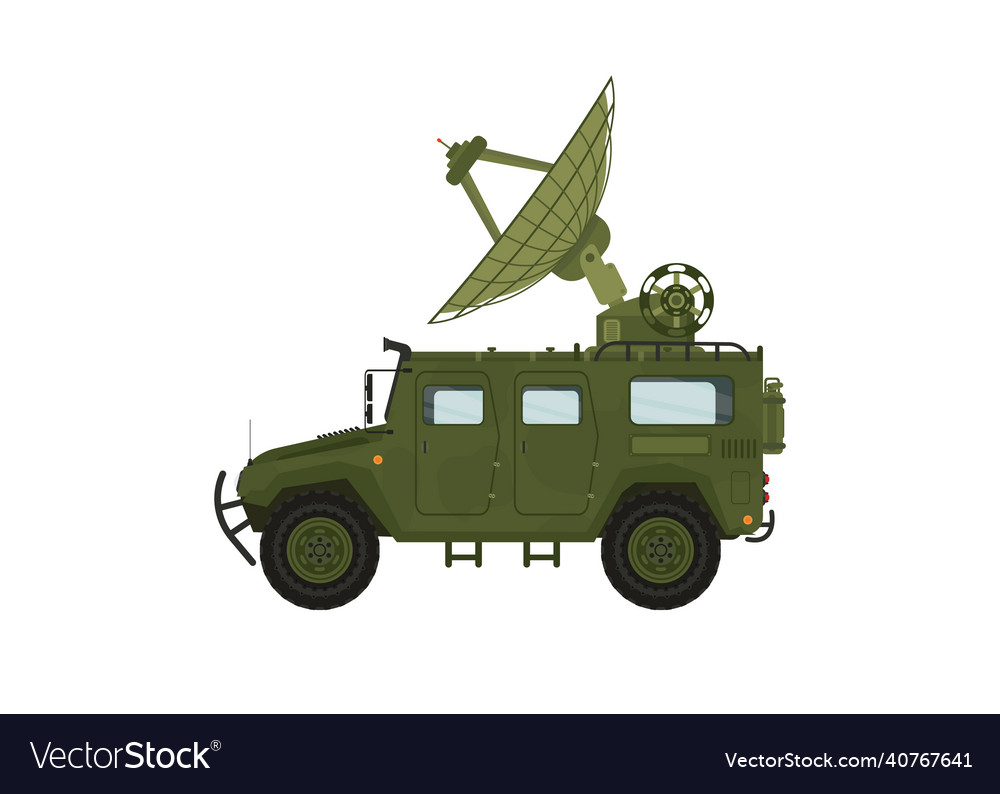 Green military vehicle with radar to scan