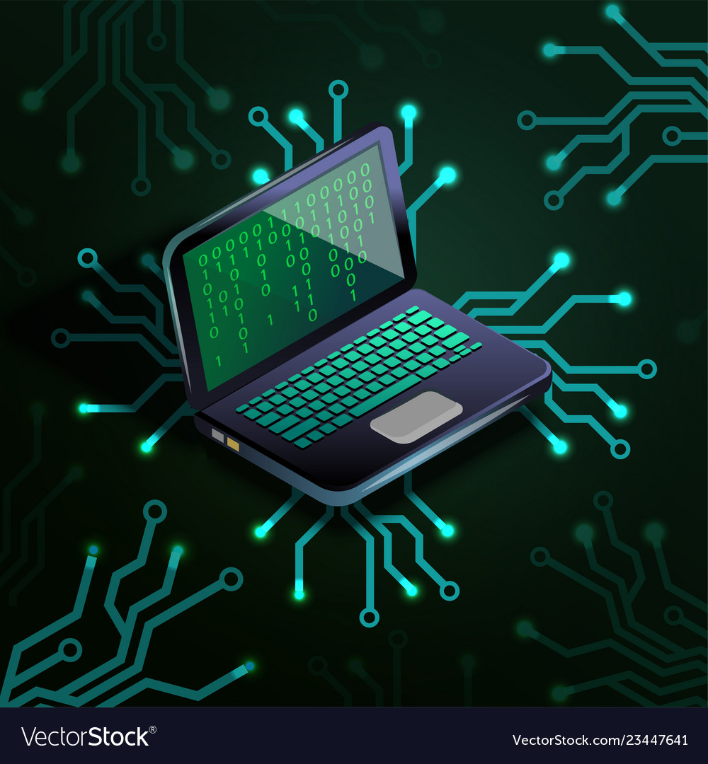 Laptop binary code circuit board vector image Laptop binary code circuit board