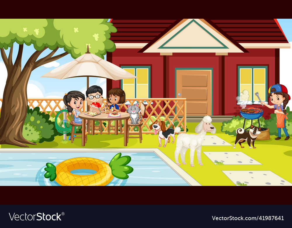 Scene of backyard with kids and fence