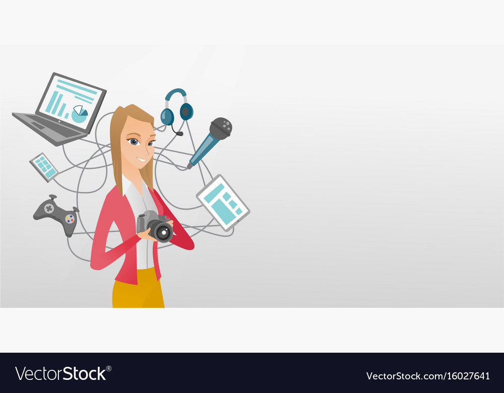Young caucasian woman surrounded by her gadgets
