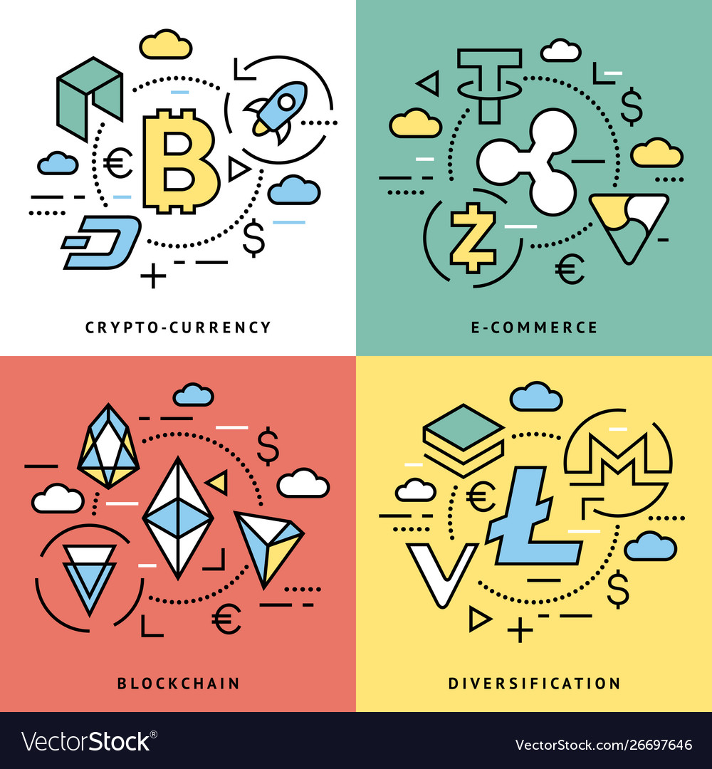 Crypto currency thin line color background icons