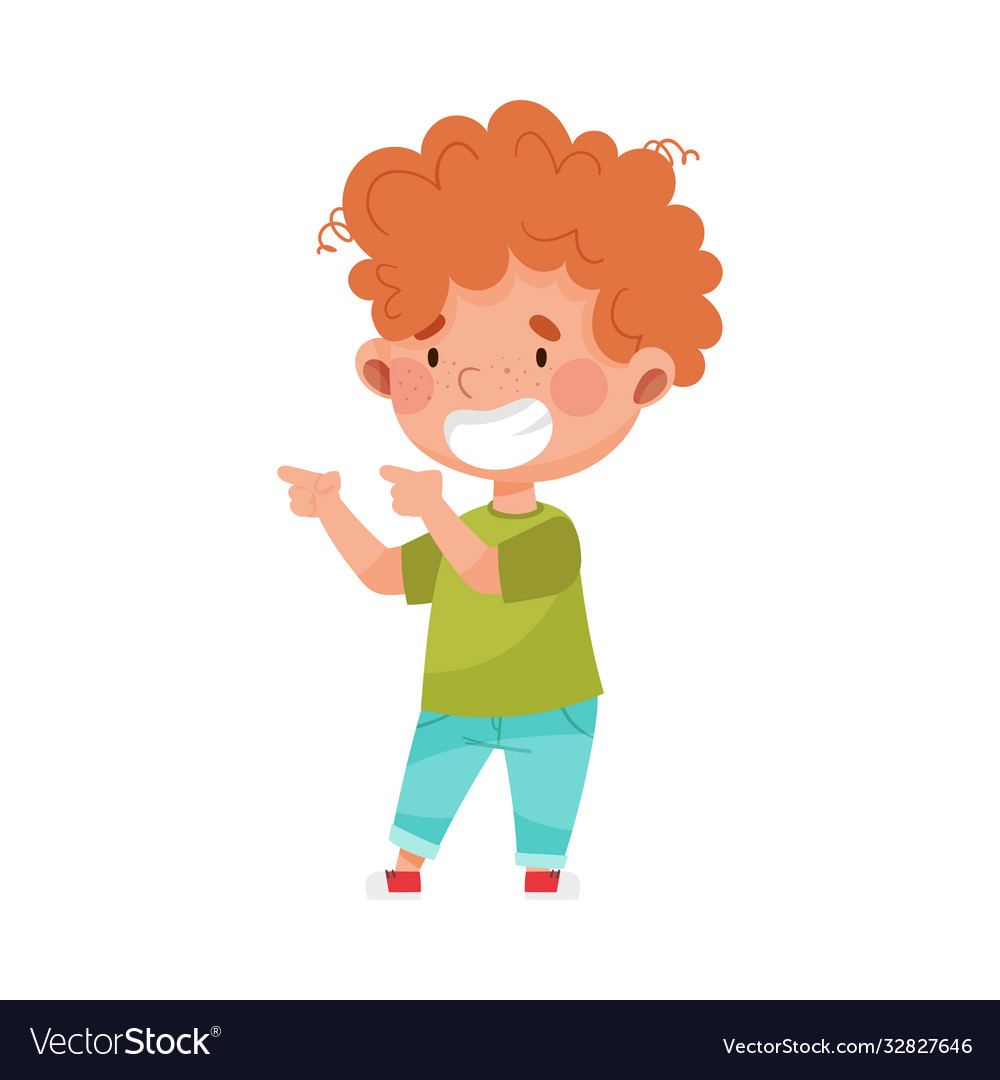 Red haired boy character pointing at something