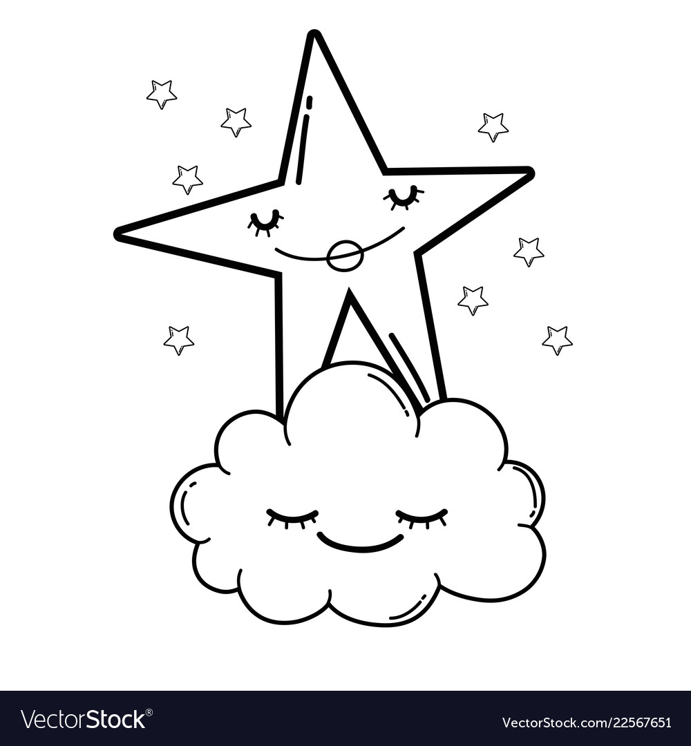 Clouds and stars cute cartoons in black white