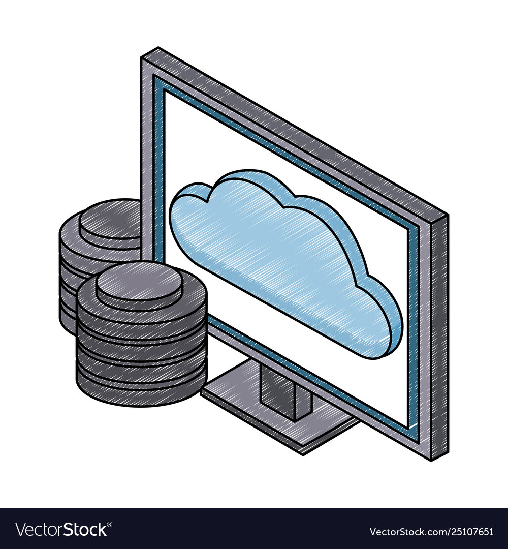Computer with disks and cloud isometric scribble vector image Computer with disks and cloud isometric scribble