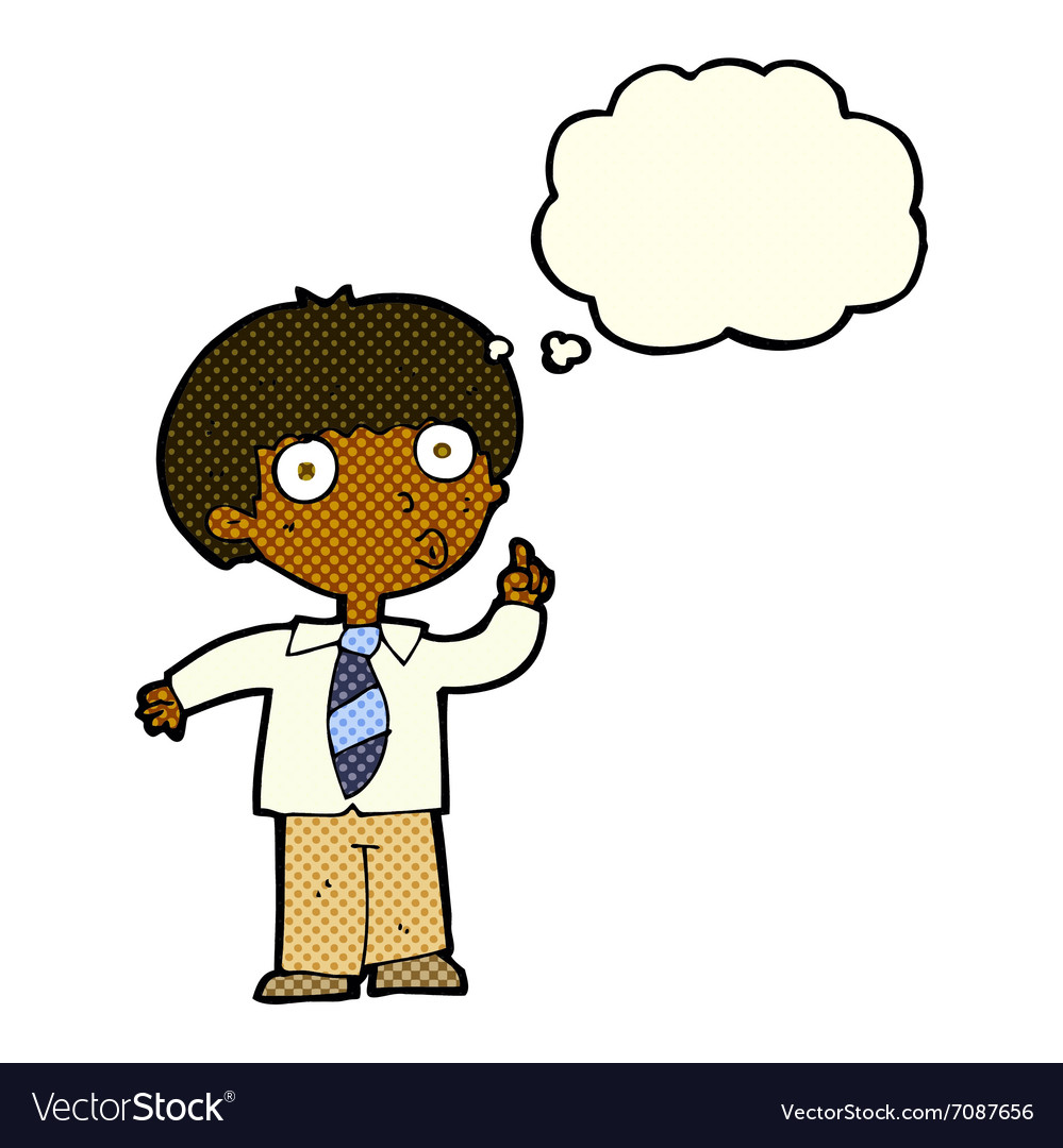 Cartoon school boy with question thought