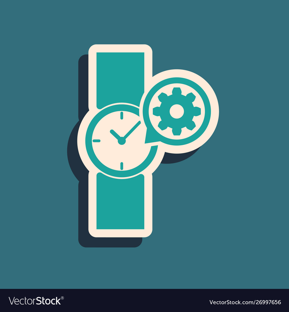 Green wrist watch and gear icon isolated on blue