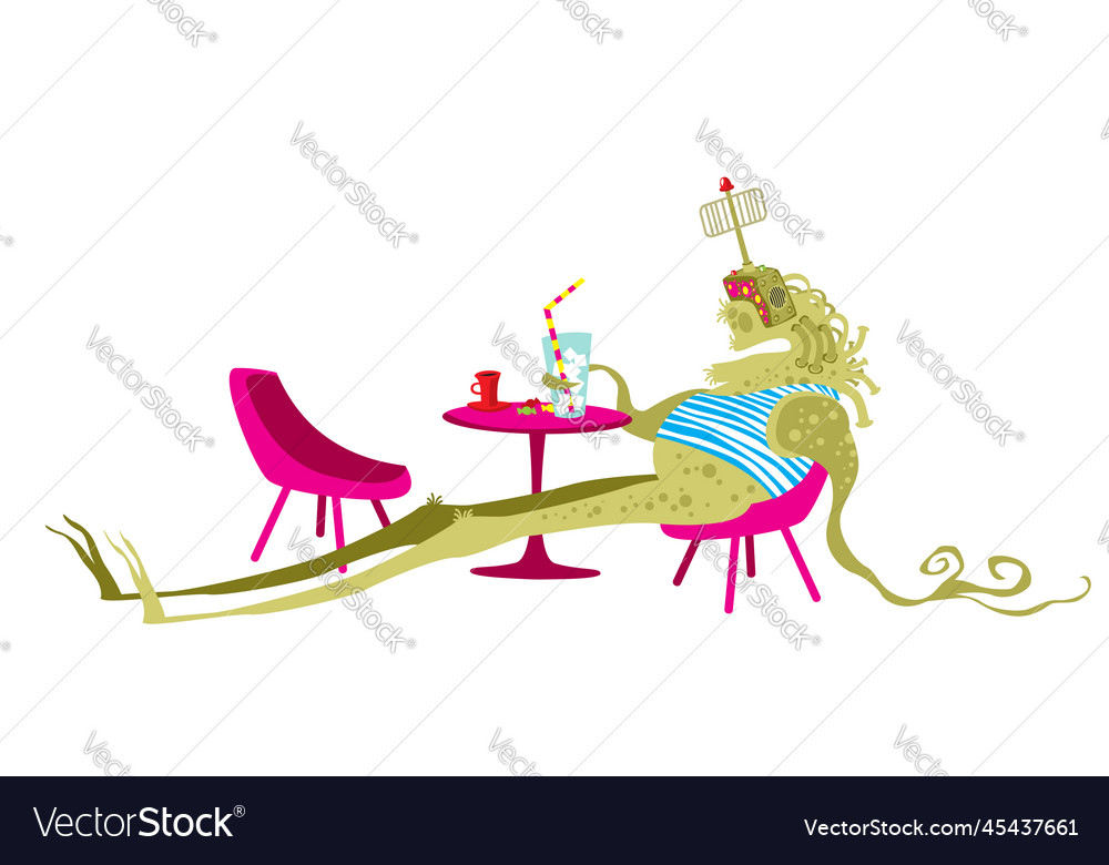 A tired alien monster rests and drinks cold vector image A tired alien monster rests and drinks cold
