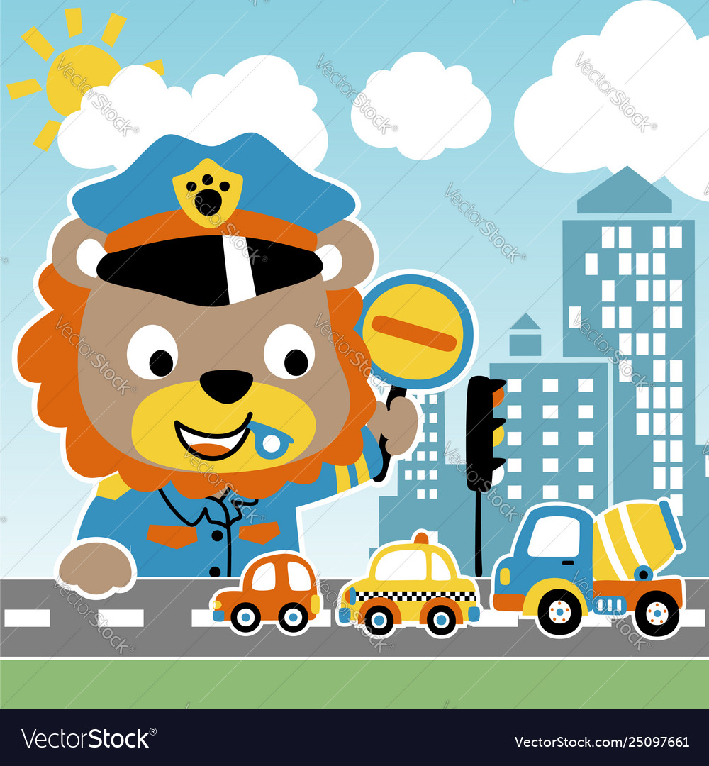 Cartoon little lion traffic cop Royalty Free Vector Image