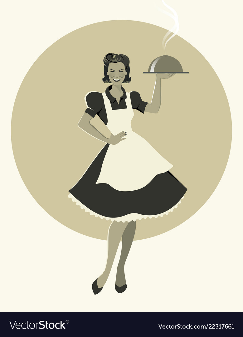 Housewife carrying a tray with dinner retro style