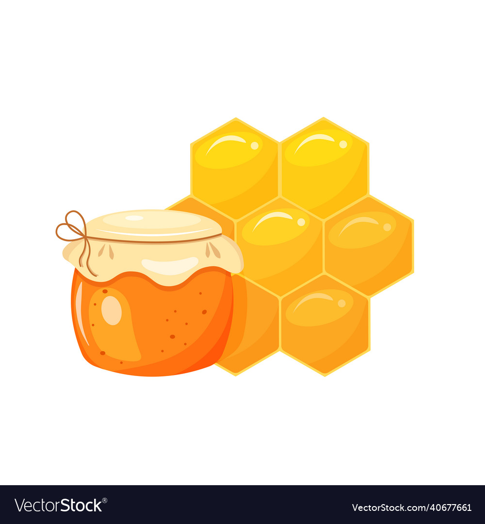 Jar of honey honeycomb in cartoon style