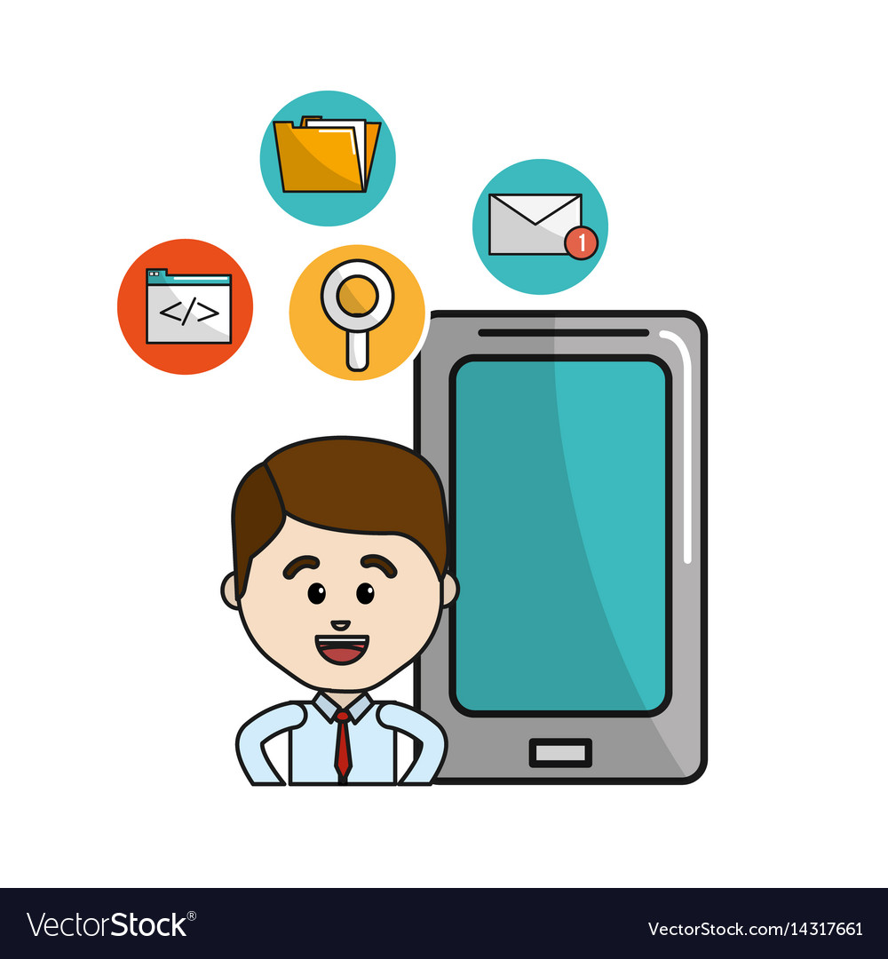 Man with smartphone technology tools icons
