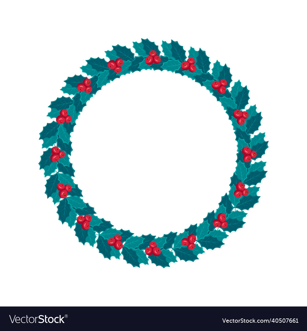 Round christmas wreath of blue leaves and holly