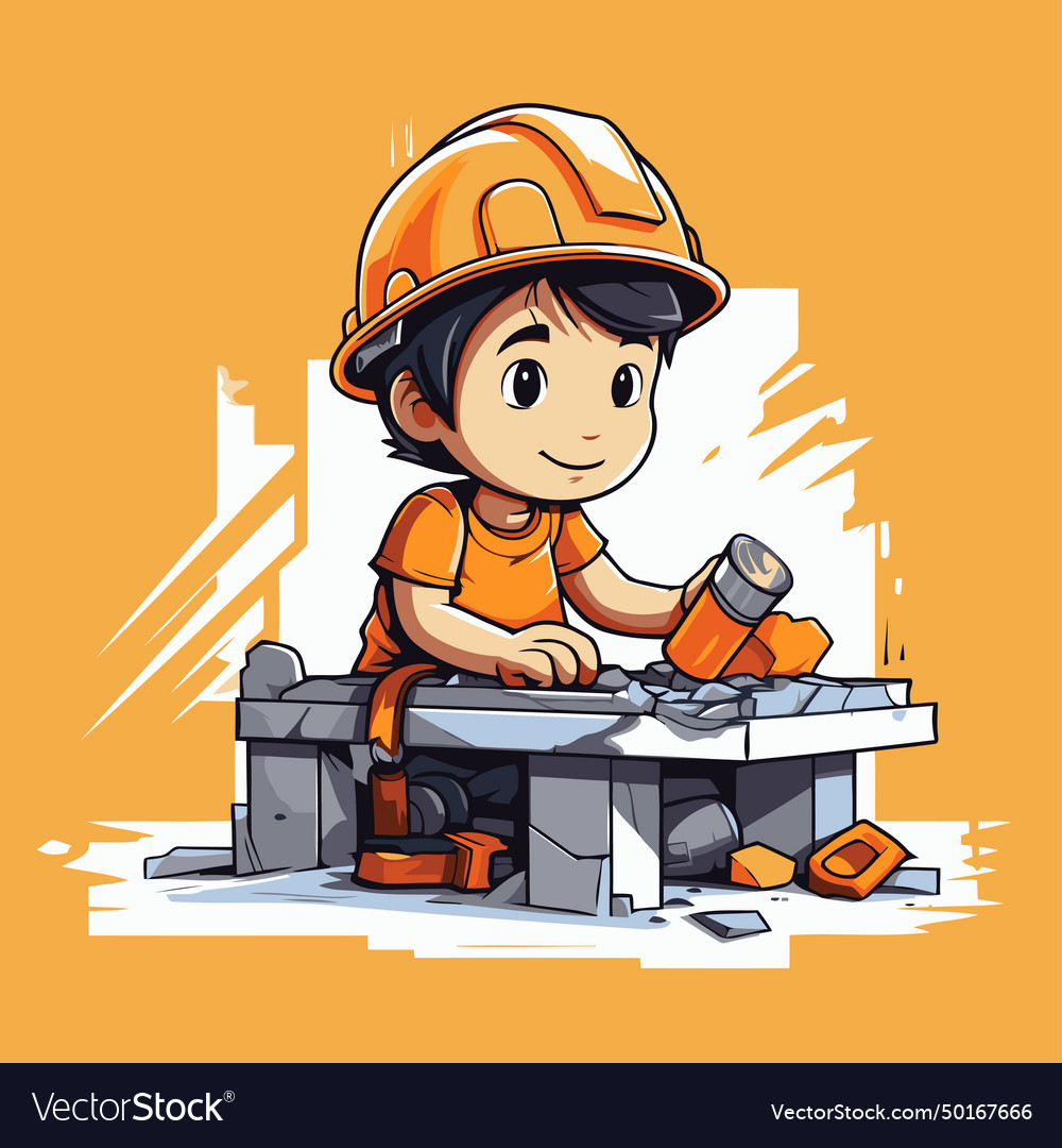 A kid boy wearing hard hat building wall Vector Image