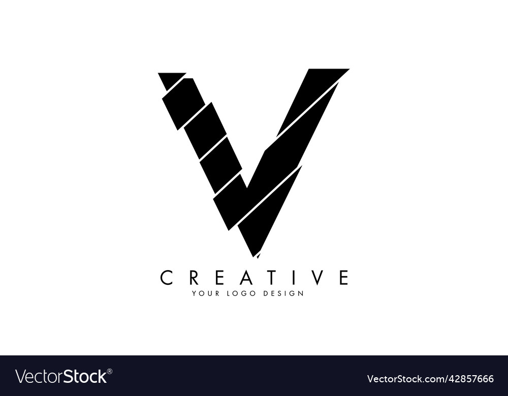 Black letter v with abstract sliced effect logo Vector Image