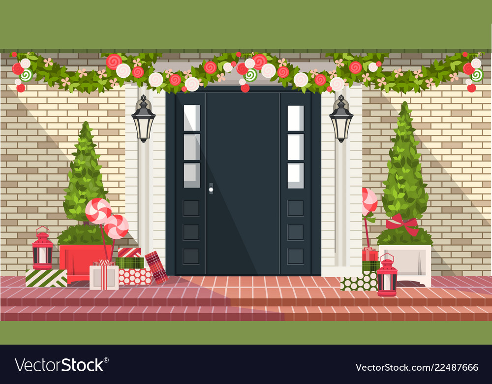 Christmas Decoration Of Entrance Doors Royalty Free Vector