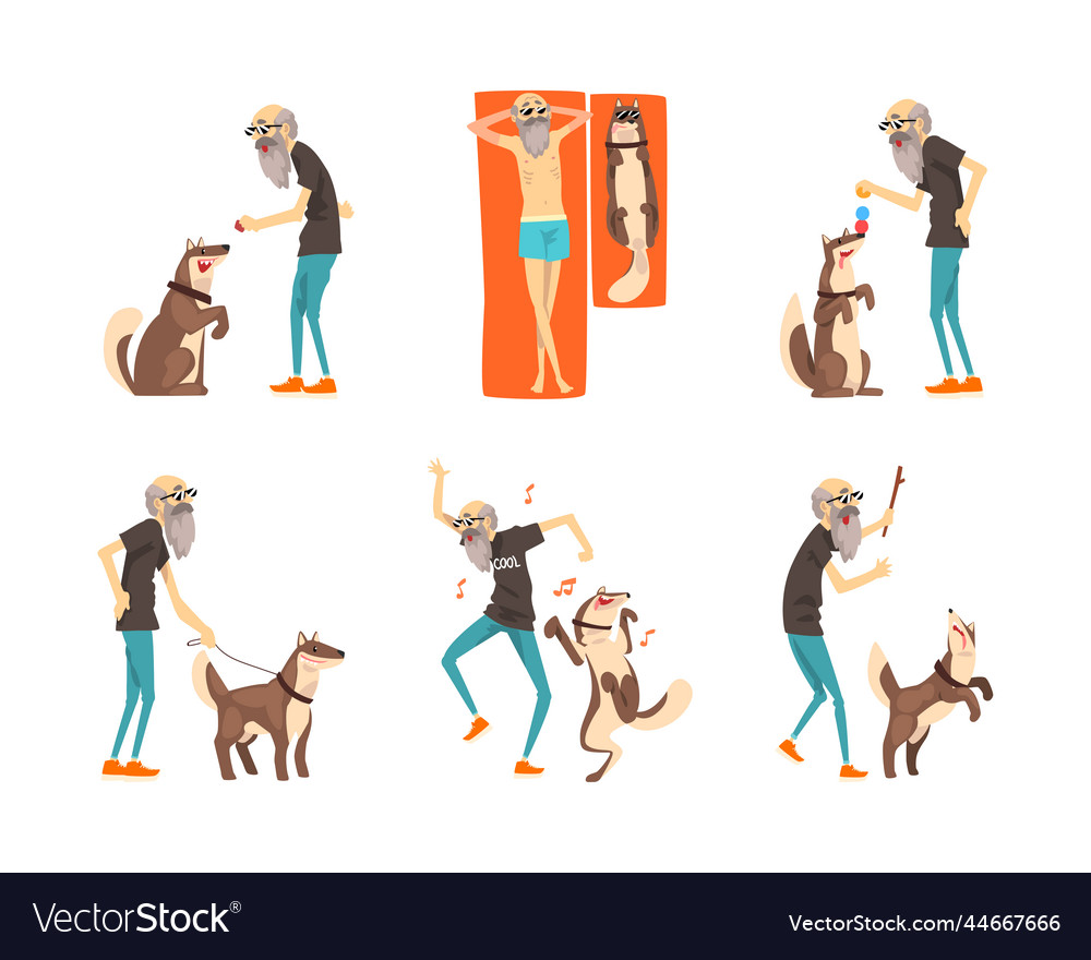 Old Man Walking With His Dog Sunbathing Playing Vector Image